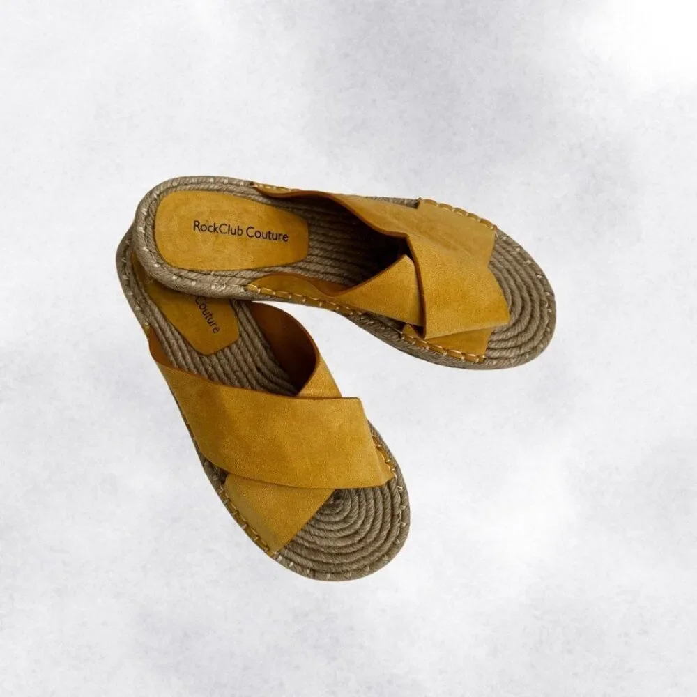 RockClub Couture Women's Mustard Yellow Suede Strap Espadrille Slides Size 9